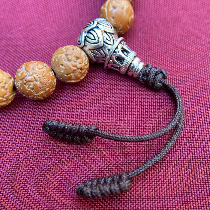 Mala de 21 cuentas de Semilla de Rudraksha de 10 mm con Guru Bead Plateado de Flor de Loto